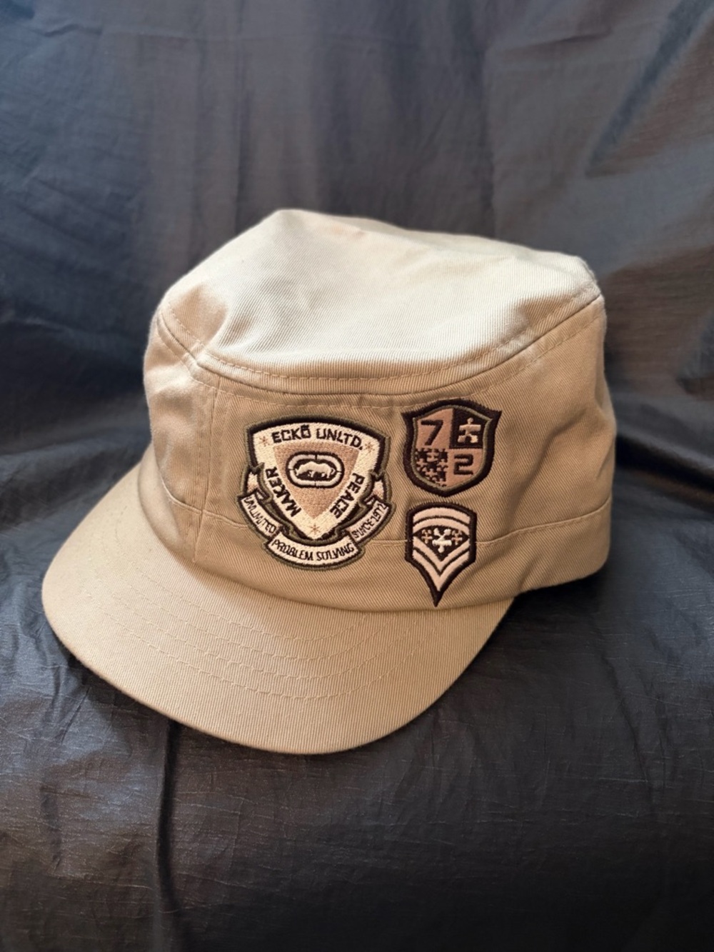 Ecko Unlimited Beige Military-Style Cap with Embroidered Patches